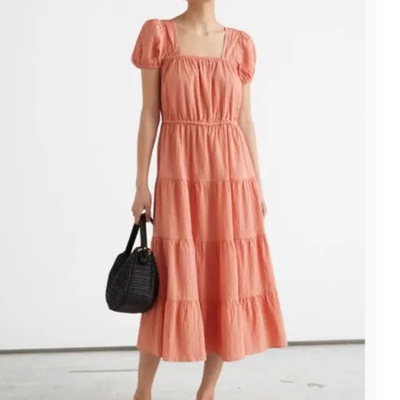 & Other Stories Tiered Puff Sleeve Open Back Cotton Midi Dress Size Large - Picture 2 of 15